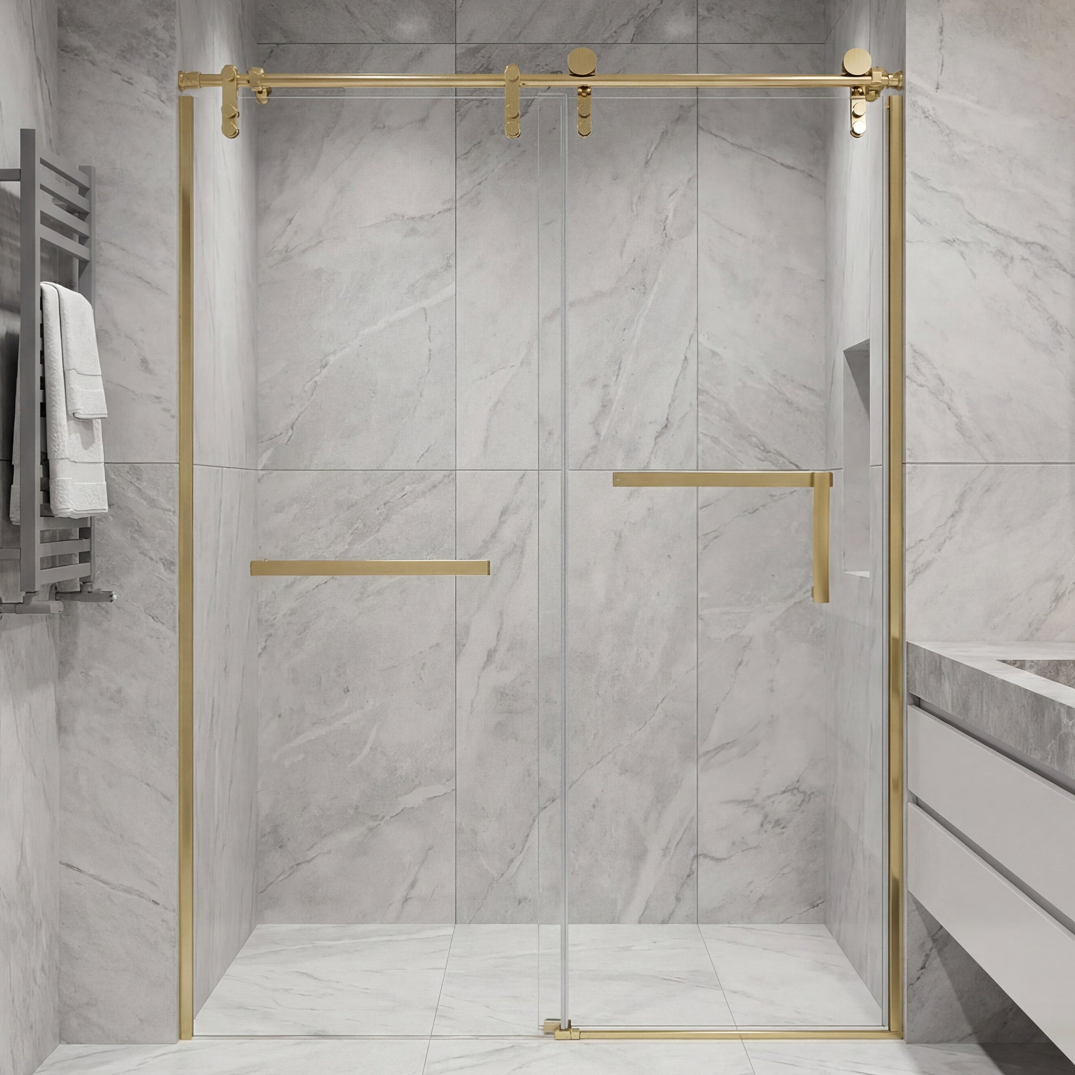 Frameless Double Sliding Shower Door with Side Panel & Towel Bar, Stainless Steel