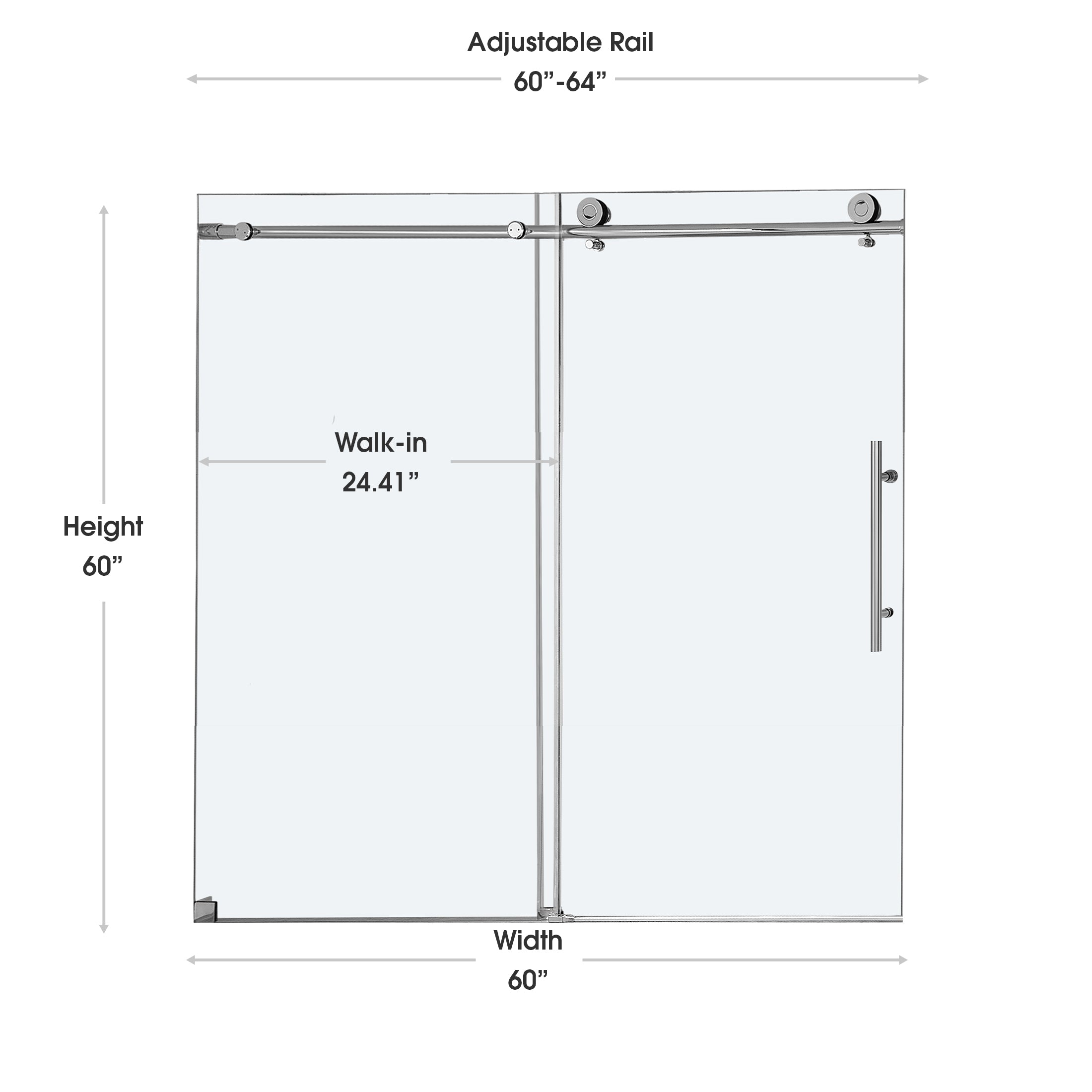 Frameless Double Sliding Shower Door with Side Panel & Single Handle, Stainless Steel