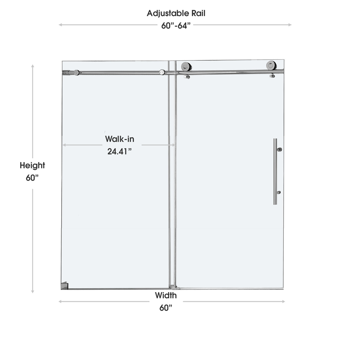 Frameless Double Sliding Shower Door with Side Panel & Single Handle, 76" High x Adjustable 60"-64" Wide  Stainless Steel 8mm