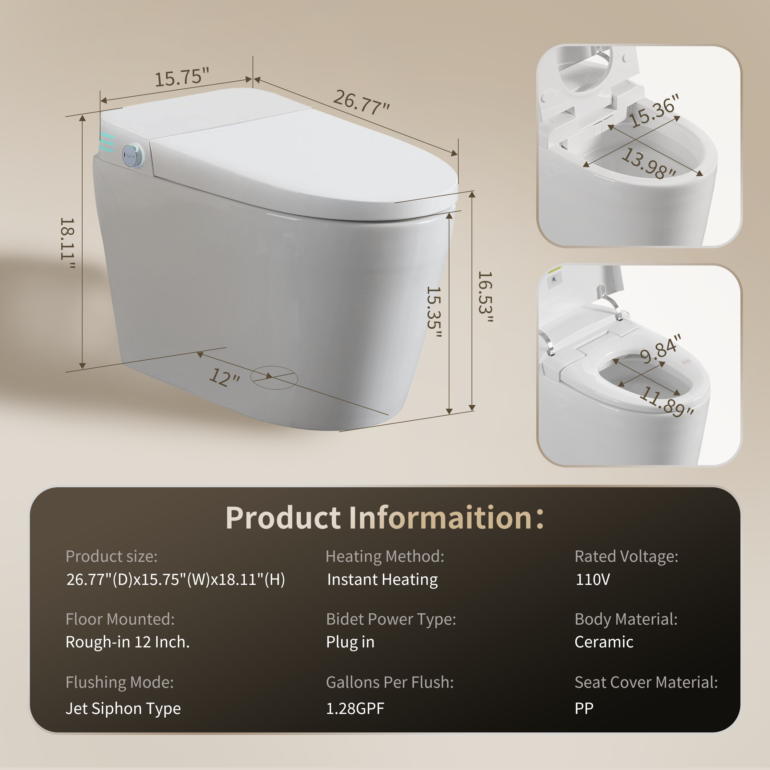 Tankless Smart Toilet with Built-In Bidet, Auto Flush, Heated Seat and Warm Water