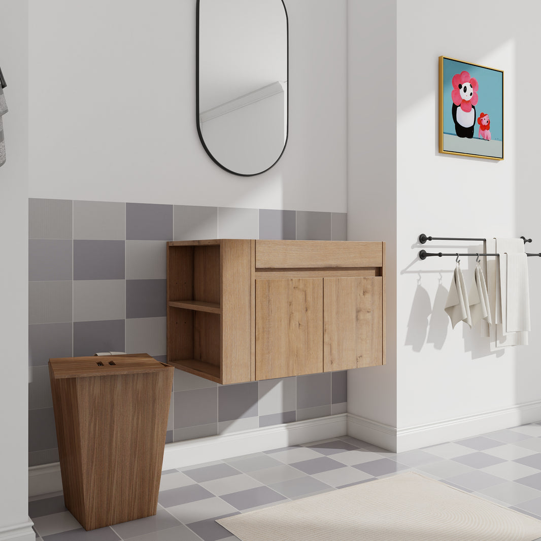 30" Imitative Oak Wall-Mounted Bathroom Vanity With Adjust Open Shelf - No Sink Included