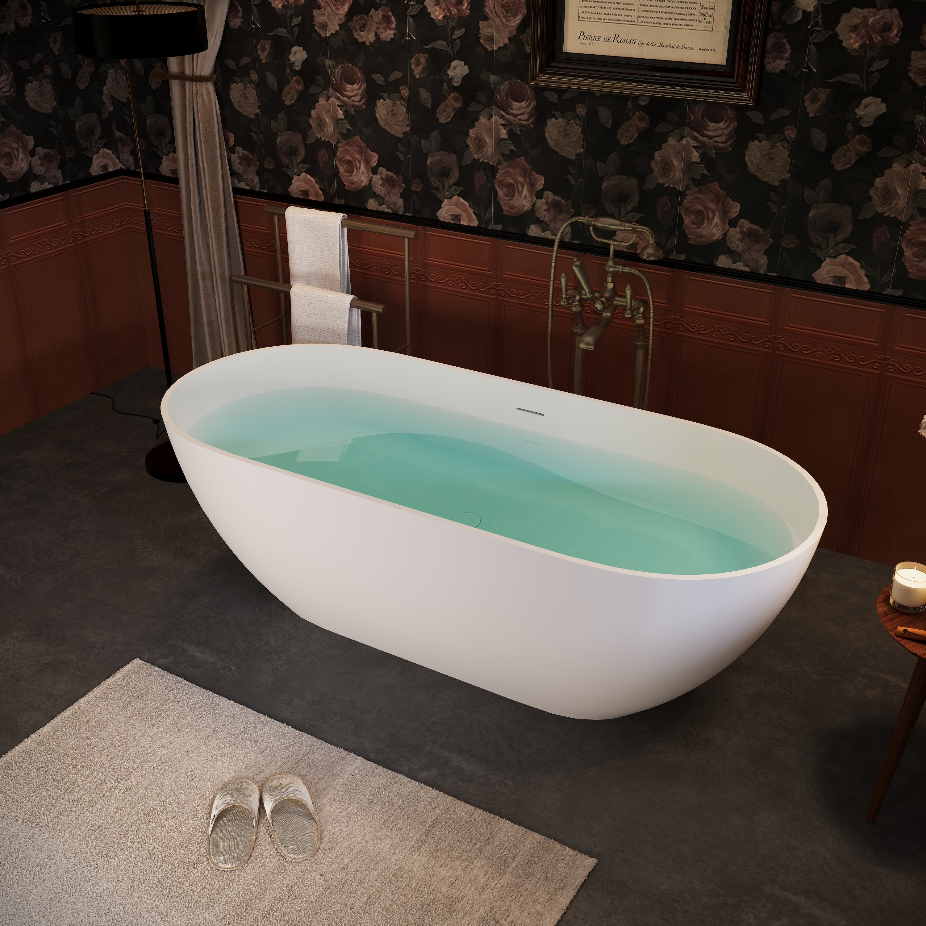 59" Freestanding Solid Surface Bathtub with Pop-Up Drain and Overflow in Matte White