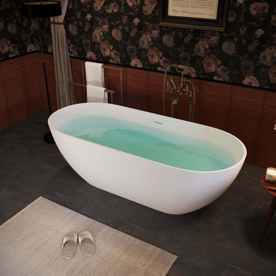 59" Freestanding Solid Surface Bathtub with Pop-Up Drain and Overflow in Matte White