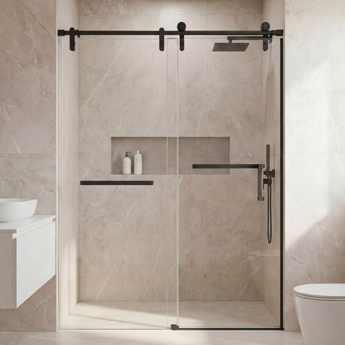 Frameless Double Sliding Shower Door 76" High x Adjustable 56"- 60" Wide Black 8mm