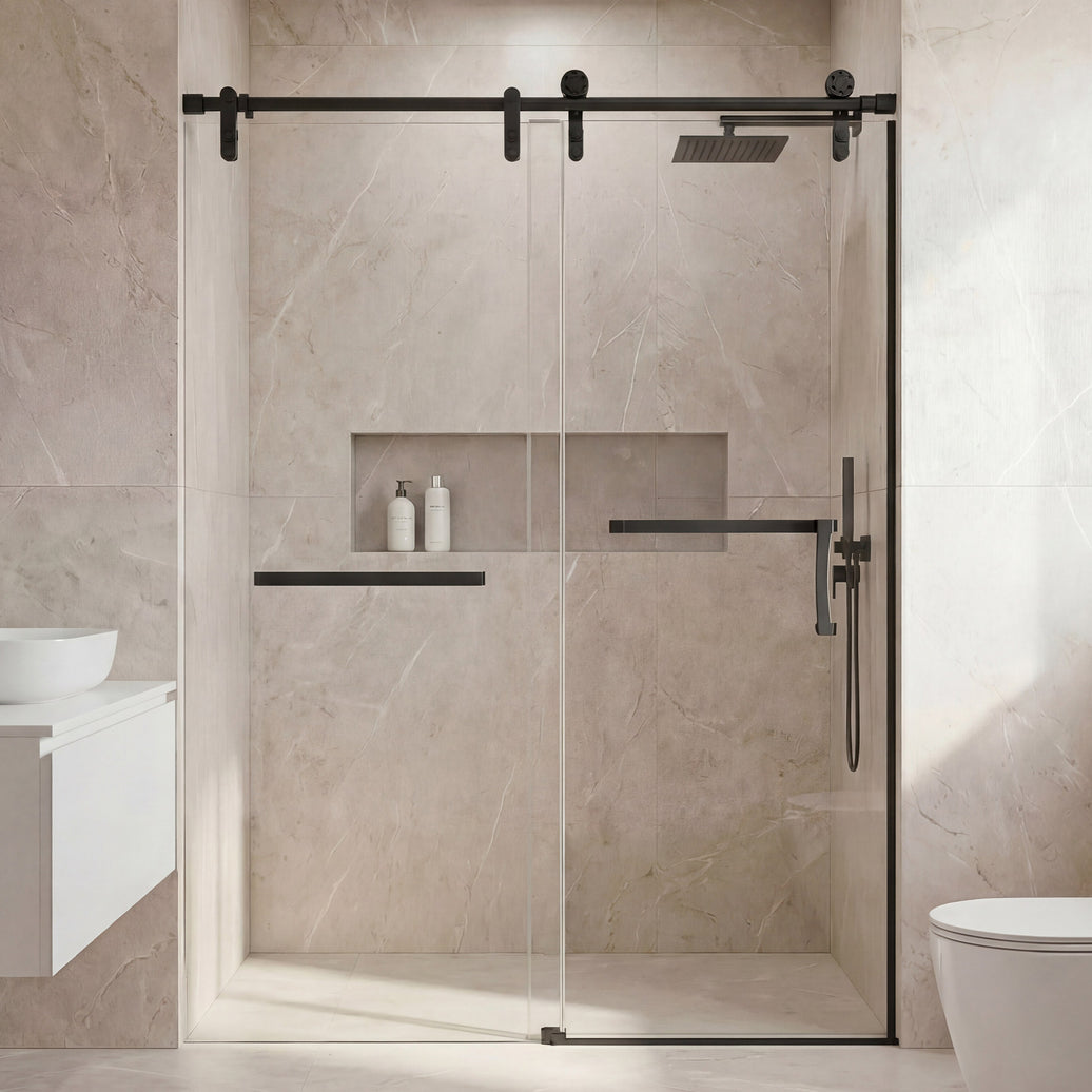 Frameless Double Sliding Shower Door 76" High x Adjustable 56"- 60" Wide Black 8mm