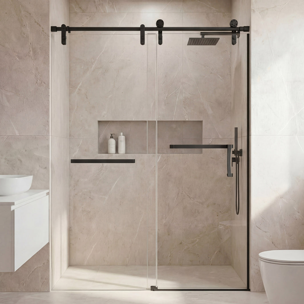 Frameless Double Sliding Shower Door 76" High x Adjustable 56"- 60" Wide Black 8mm