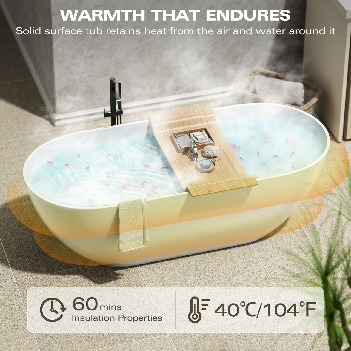 59" Freestanding Solid Surface Bathtub with Pop-Up Drain and Overflow in Matte White