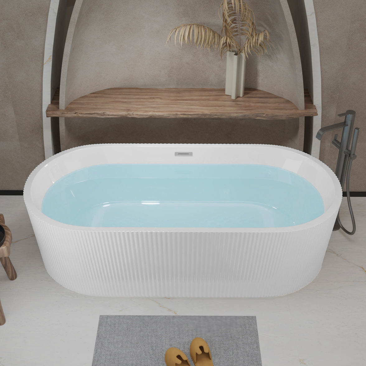 59"Linear AcrylicFreestanding Soaking Bathtub with Pop-Up Drain and Overflow in Gloss White