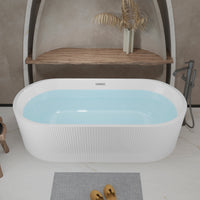 59"Linear AcrylicFreestanding Soaking Bathtub with Pop-Up Drain and Overflow in Gloss White