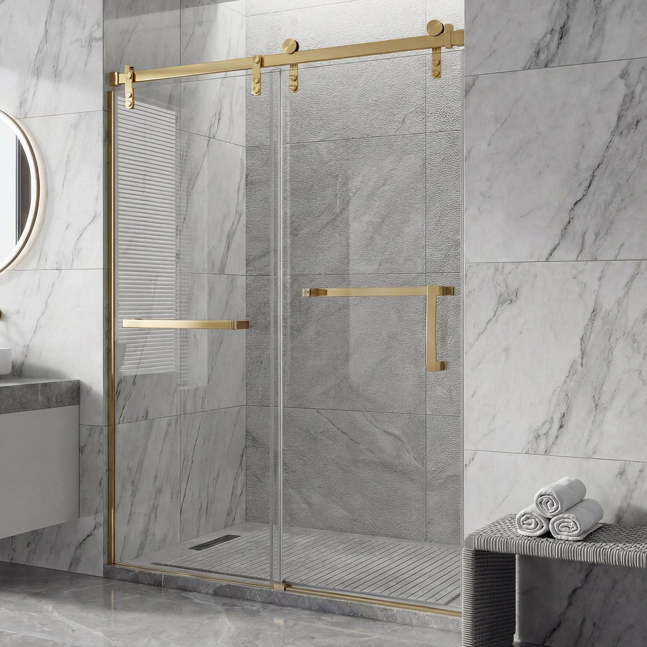 Frameless Double Sliding Shower Door with Towel Bar, Stainless Steel
