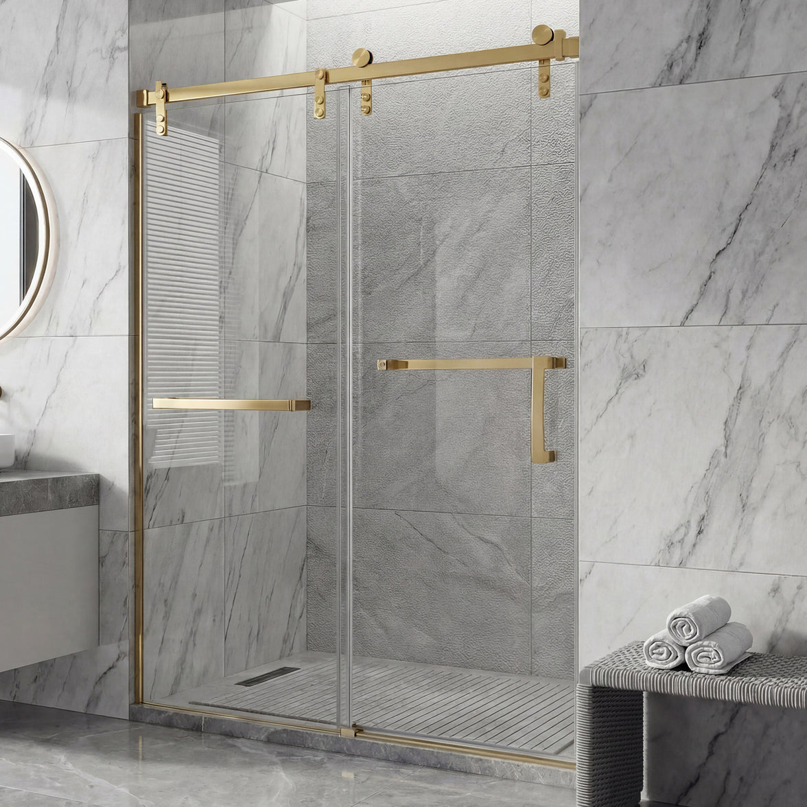 Frameless Double Sliding Shower Door with Towel Bar, Stainless Steel 8mm