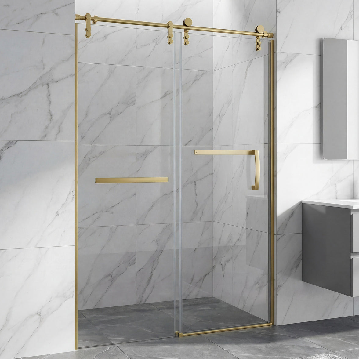 Frameless Double Sliding Shower Door with Side Panel & Towel Bar, Stainless Steel