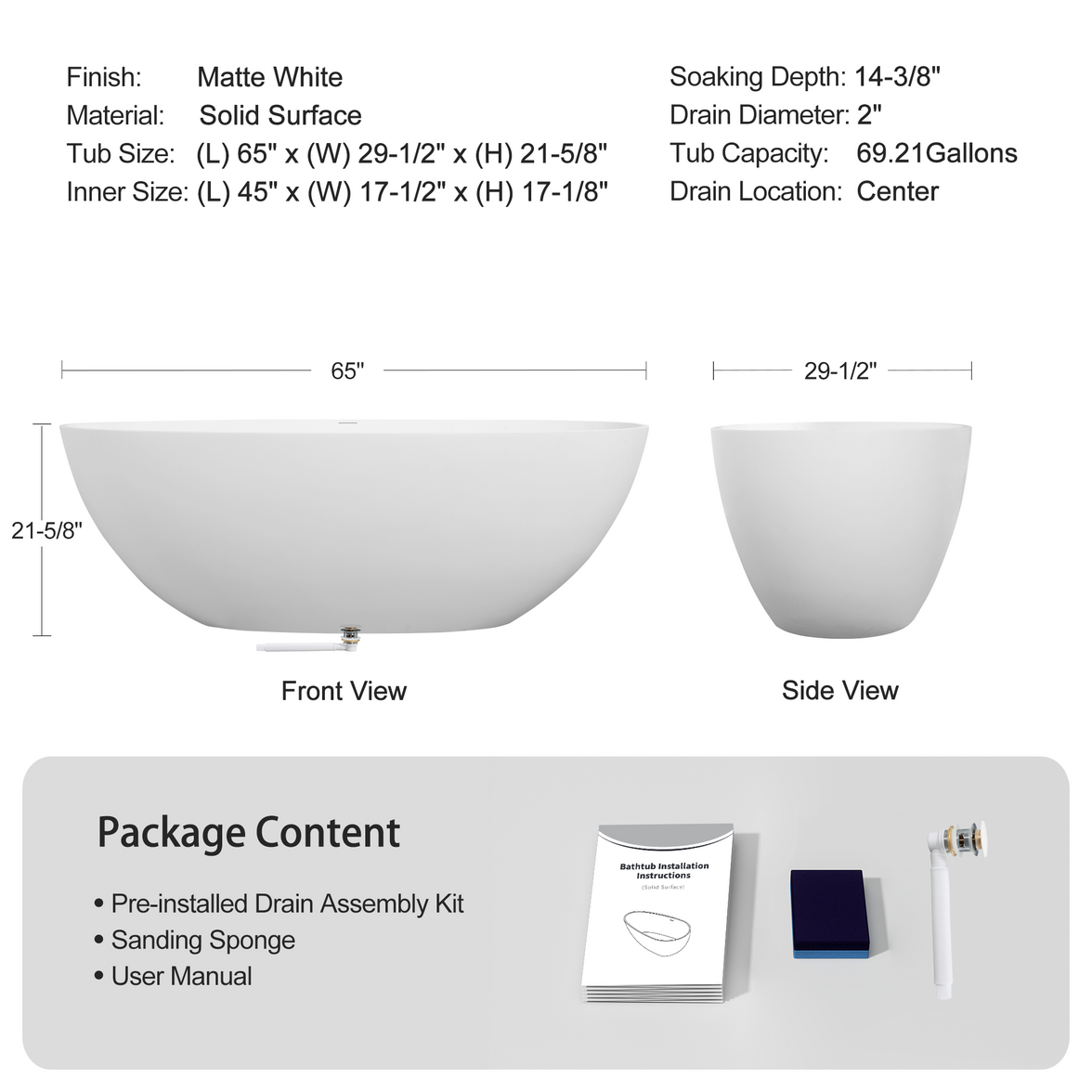 65" Freestanding Solid Surface Bathtub with Pop-Up Drain and Overflow in Matte White