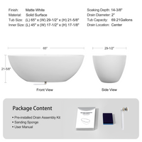 65" Freestanding Solid Surface Bathtub with Pop-Up Drain and Overflow in Matte White