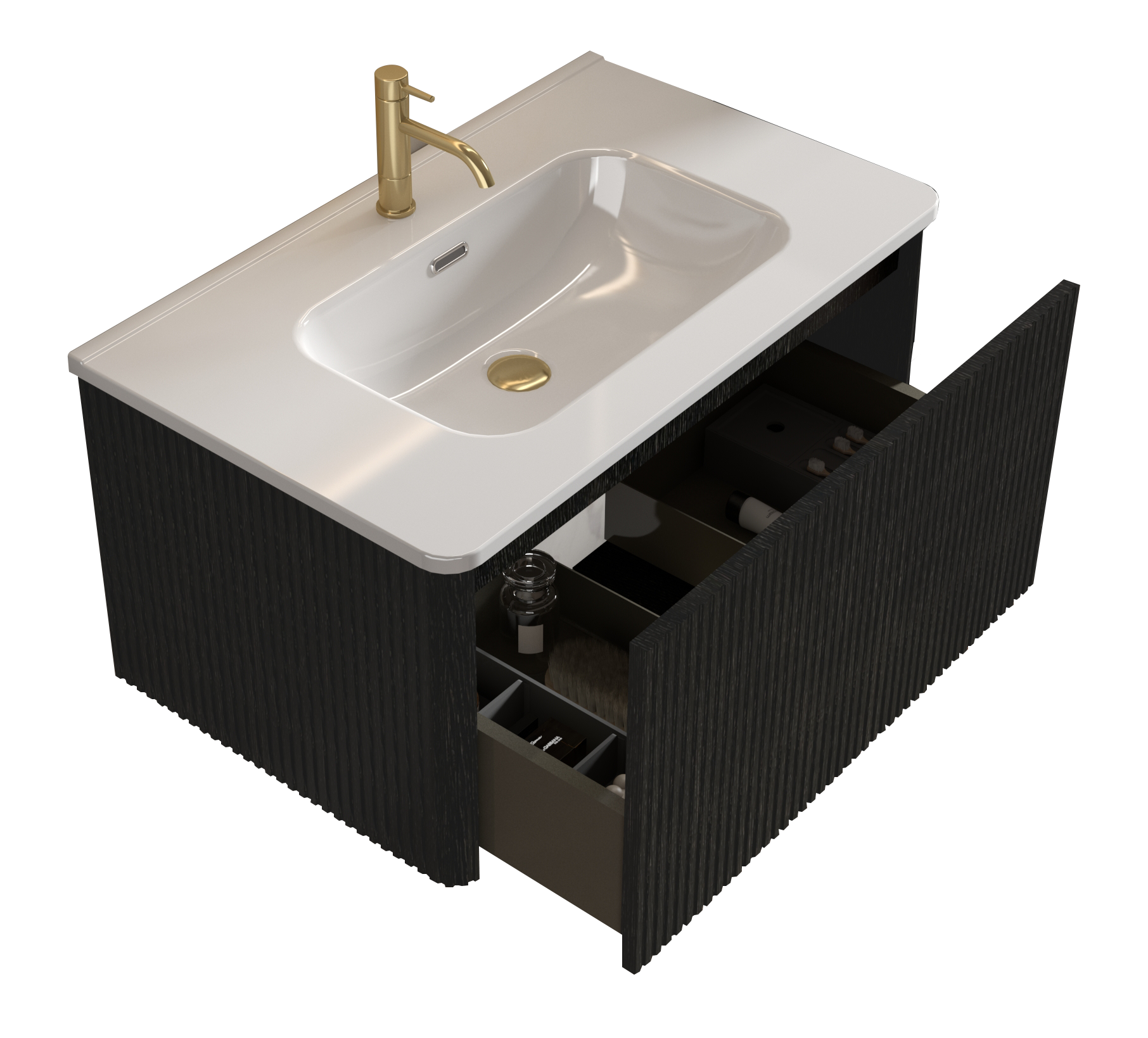 30" Striped Oak Wall-Mounted Bathroom Vanity in Black with integrated Ceramic Sink, Fully Assembled