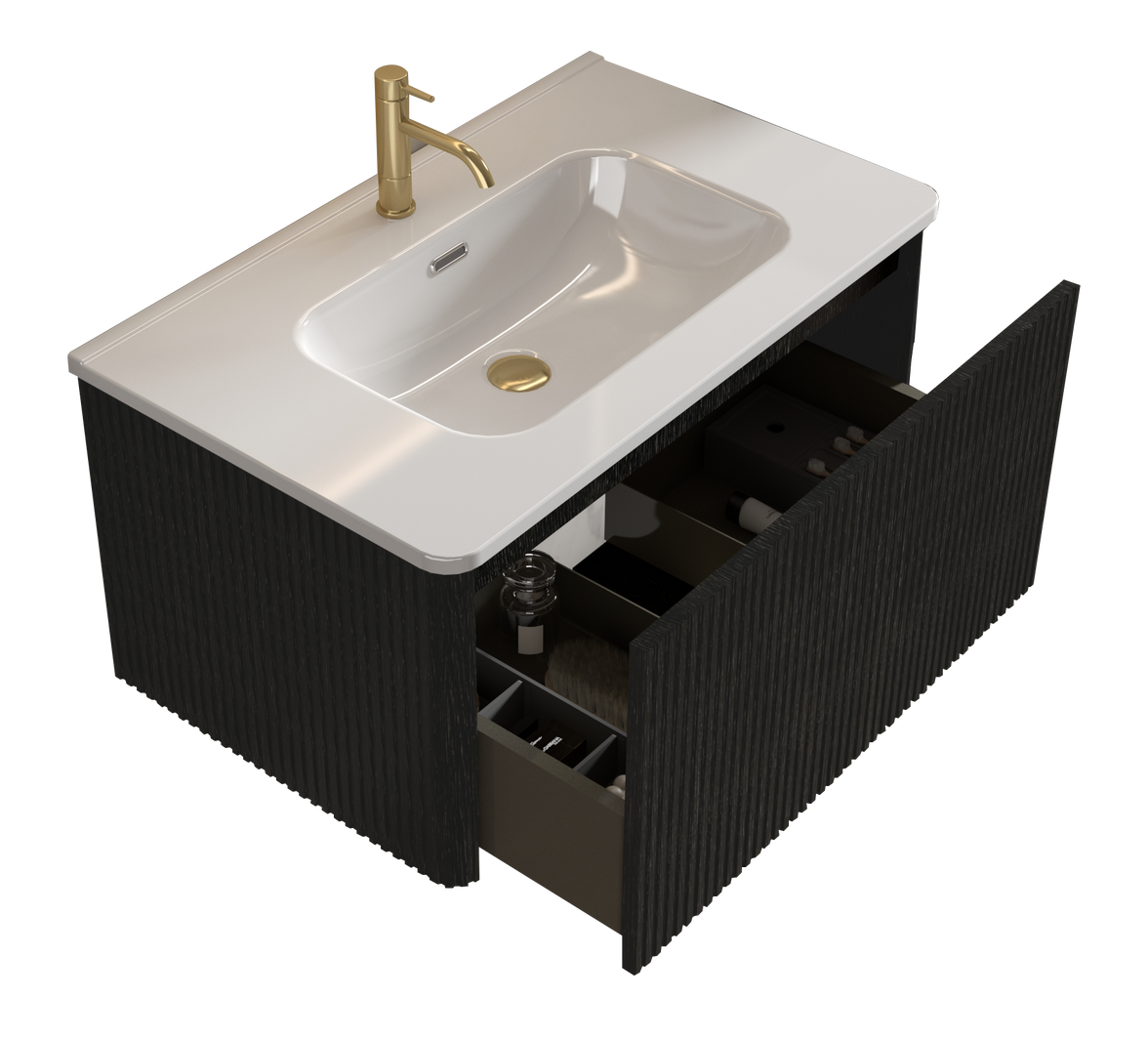 30" Striped Oak Wall-Mounted Bathroom Vanity in Black with integrated Ceramic Sink, Fully Assembled
