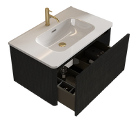 30" Striped Oak Wall-Mounted Bathroom Vanity in Black with integrated Ceramic Sink, Fully Assembled