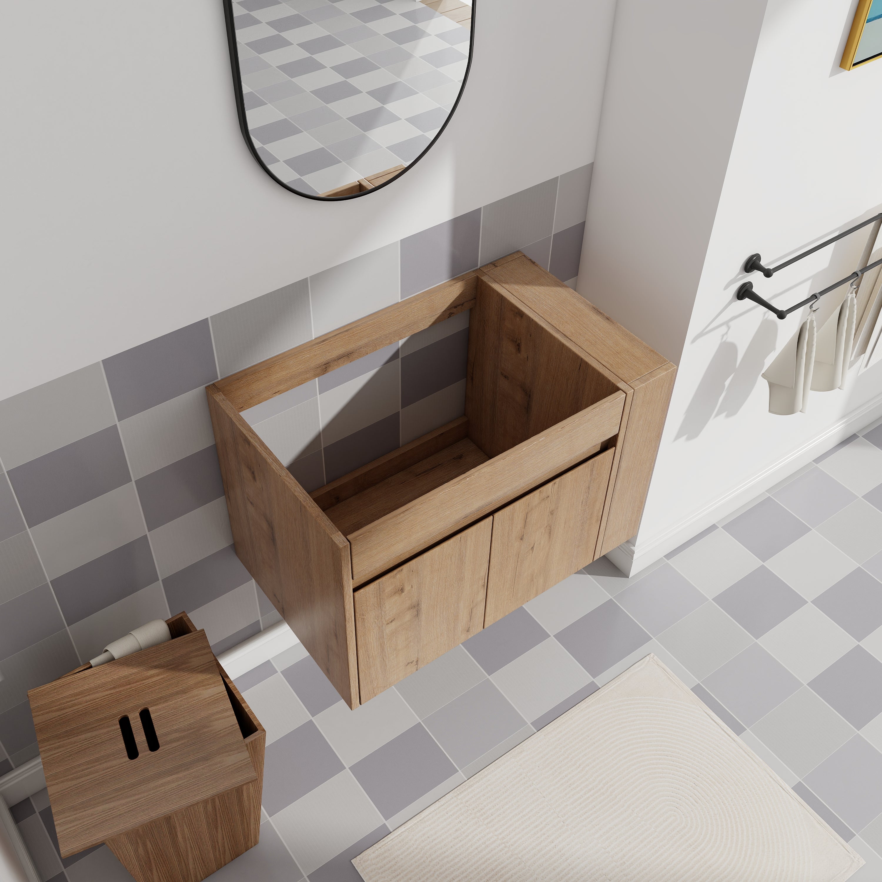 30" Imitative Oak Wall-Mounted Bathroom Vanity With White Ceramic Sink and Adjust Open Shelf