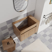 30" Imitative Oak Wall-Mounted Bathroom Vanity With White Ceramic Sink and Adjust Open Shelf