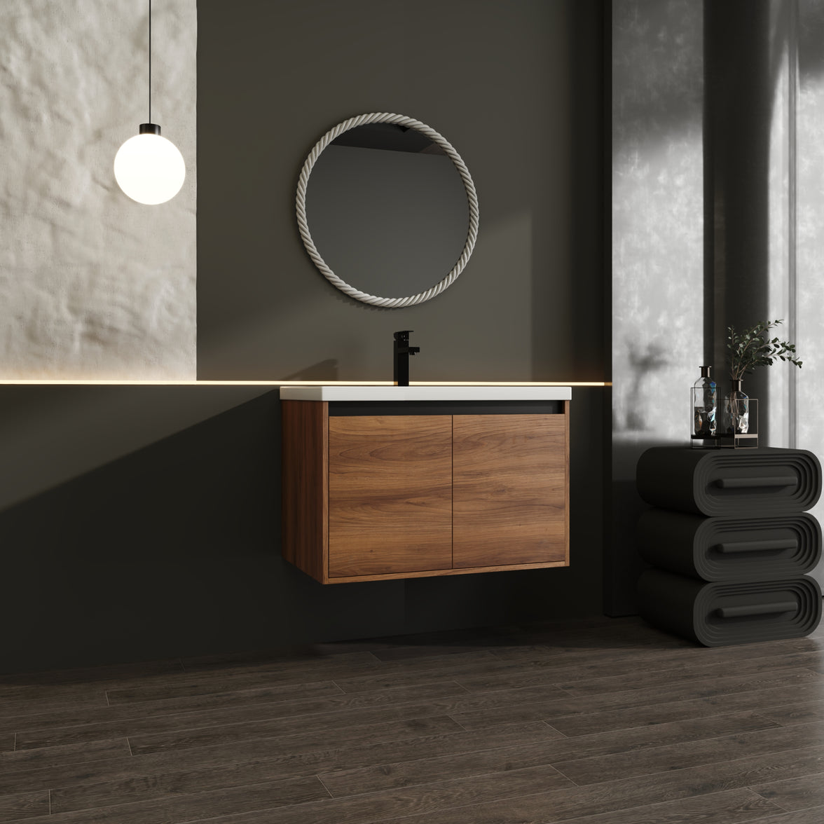 30" Ebony Wall-Mounted Bathroom Vanity in Brown with Resin Sink and Soft-Close Storage