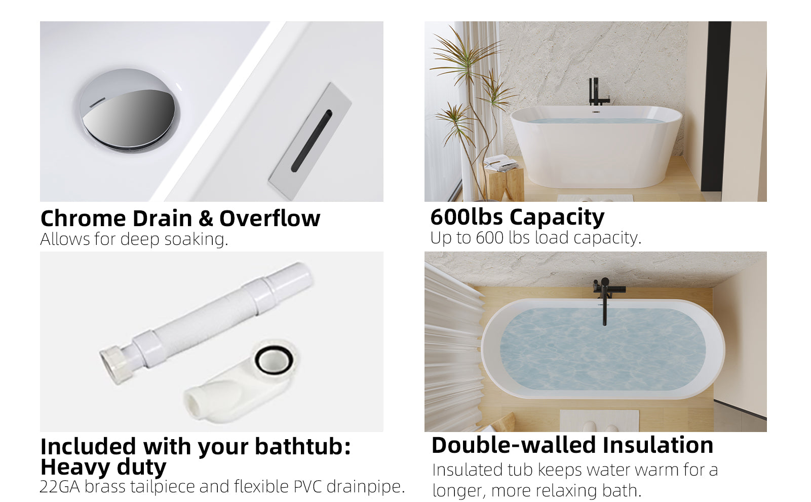 67" Acrylic Freestanding Soaking Bathtub with Pop-Up Drain and Overflow in Gloss White