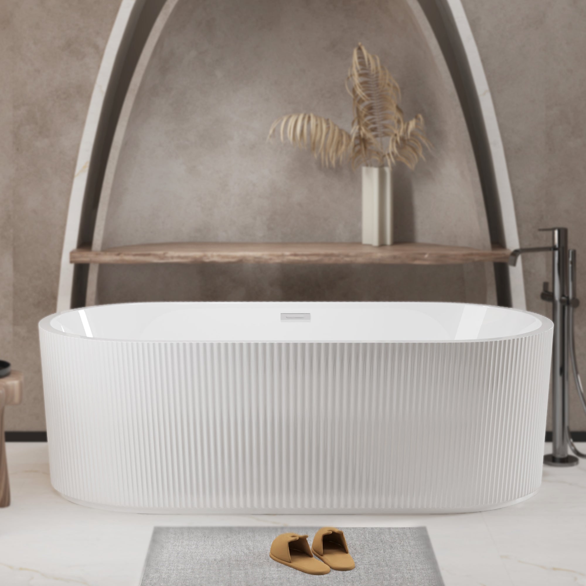 59"Linear AcrylicFreestanding Soaking Bathtub with Pop-Up Drain and Overflow in Gloss White
