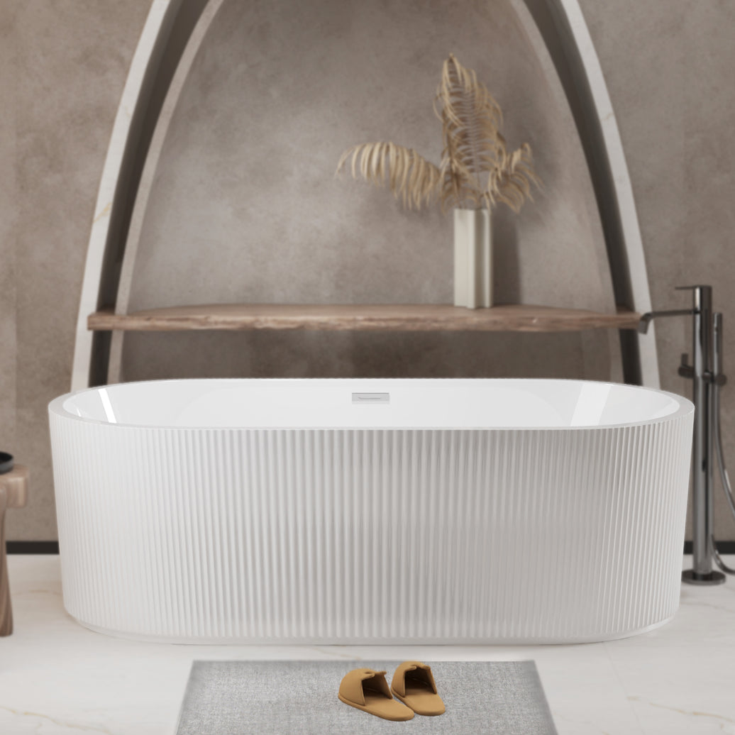 59" Linear Acrylic Freestanding Soaking Bathtub with Pop-Up Drain and Overflow in Gloss White
