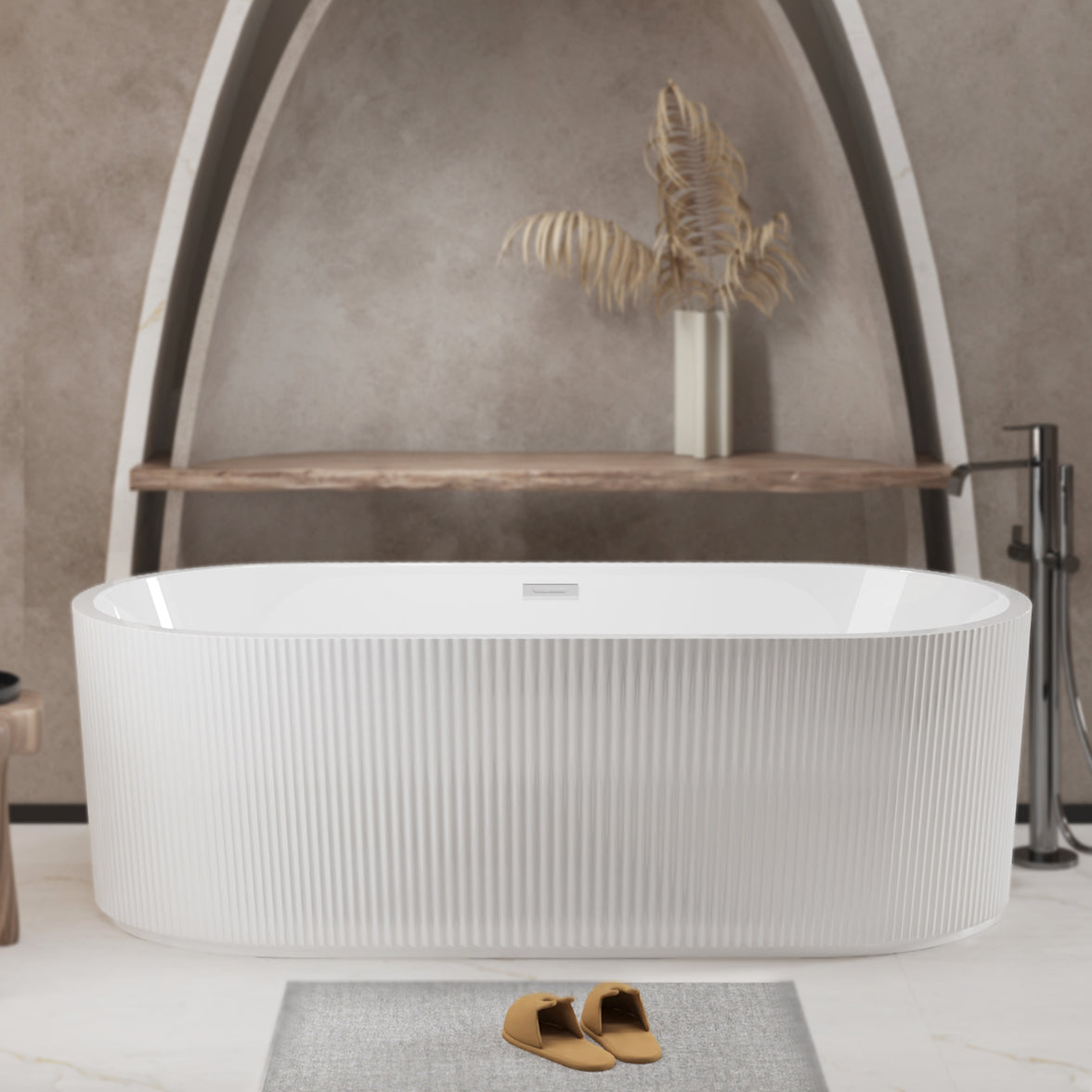 59"Linear AcrylicFreestanding Soaking Bathtub with Pop-Up Drain and Overflow in Gloss White