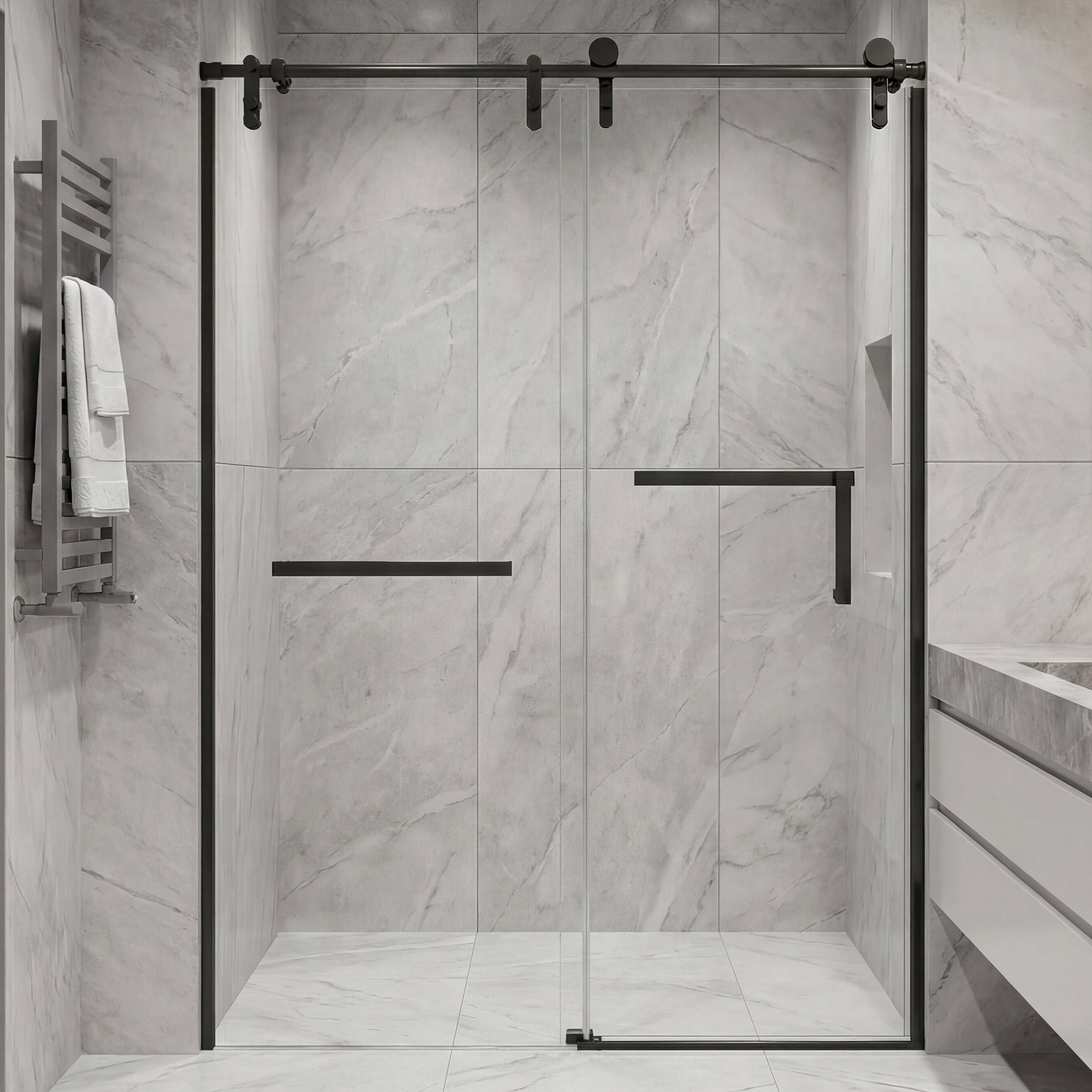 Frameless Double Sliding Shower Door with Side Panel & Towel Bar, Stainless Steel