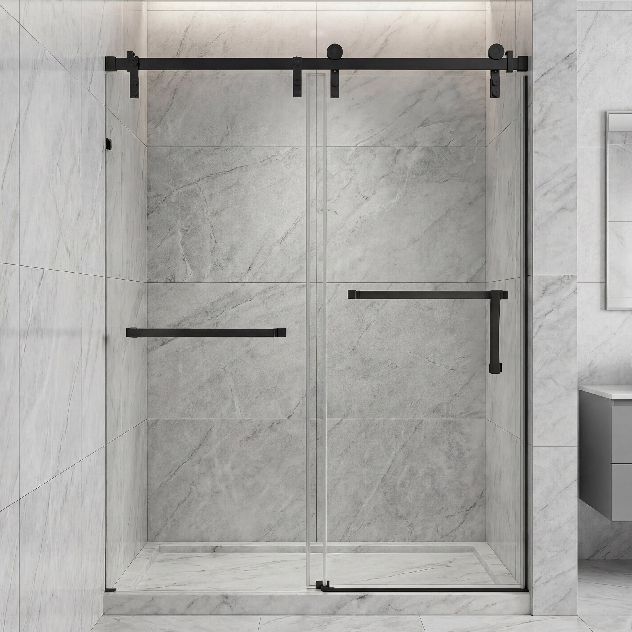 Frameless Double Sliding Shower Door with Towel Bar, Stainless Steel