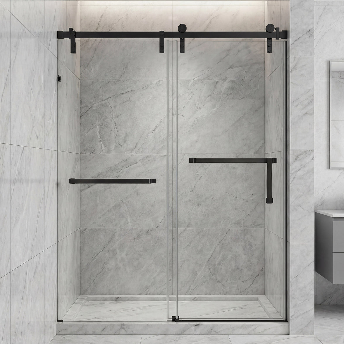 Frameless Double Sliding Shower Door with Towel Bar, Stainless Steel 8mm