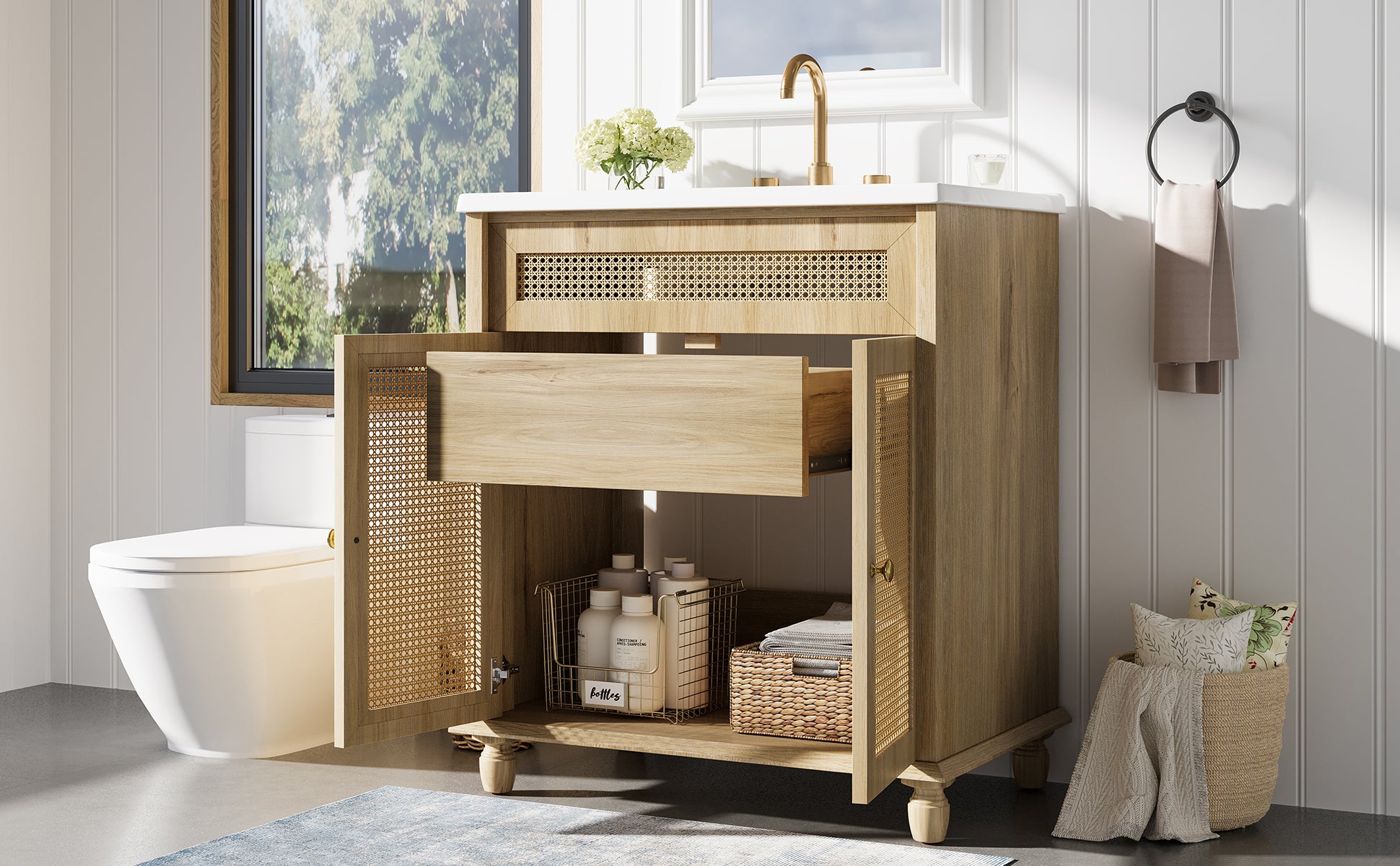 30" Freestanding Bathroom Vanity with Resin Sink, Rattan Doors and Soft-Close Storage