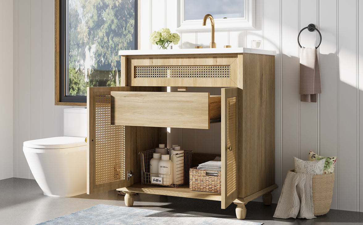 30" Freestanding Bathroom Vanity with Resin Sink, Rattan Doors and Soft-Close Storage