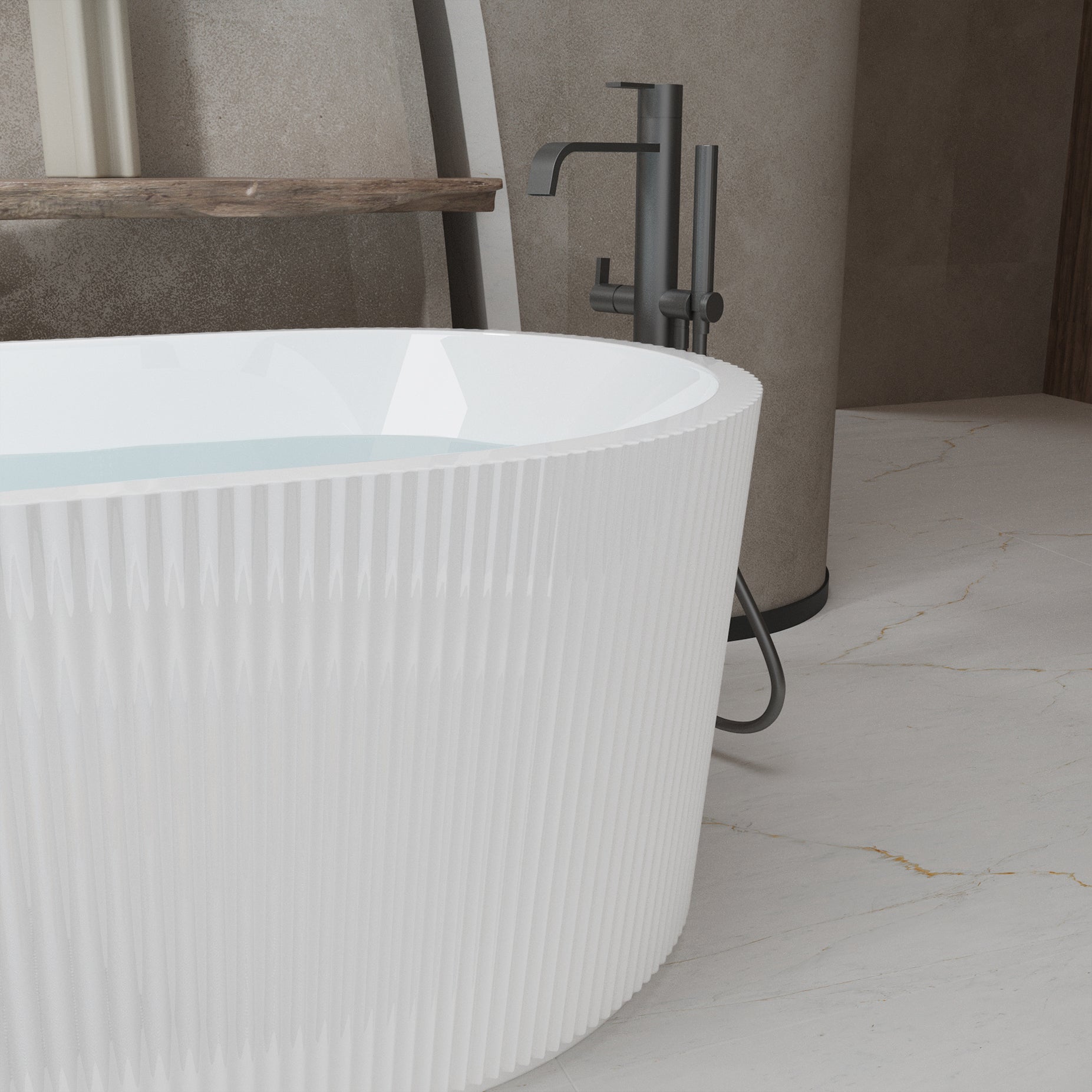 59"Linear AcrylicFreestanding Soaking Bathtub with Pop-Up Drain and Overflow in Gloss White
