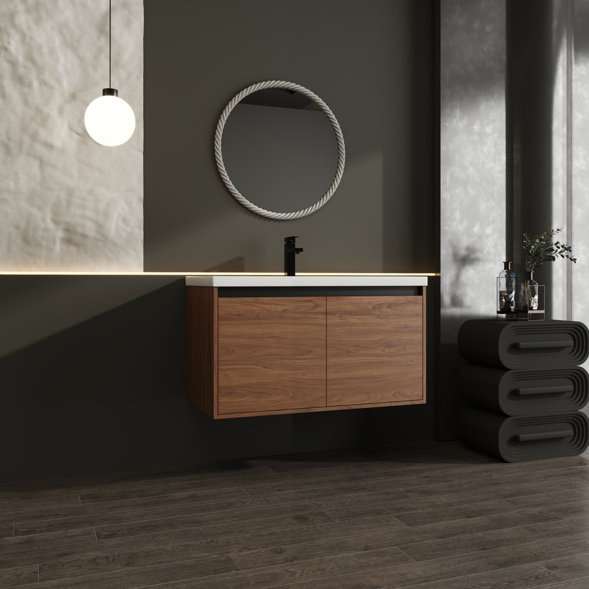 36" Ebony Wall-Mounted Bathroom Vanity in Brown with Resin Sink and Soft-Close Storage