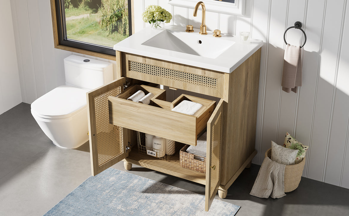 30" Freestanding Bathroom Vanity with Resin Sink, Rattan Doors and Soft-Close Storage