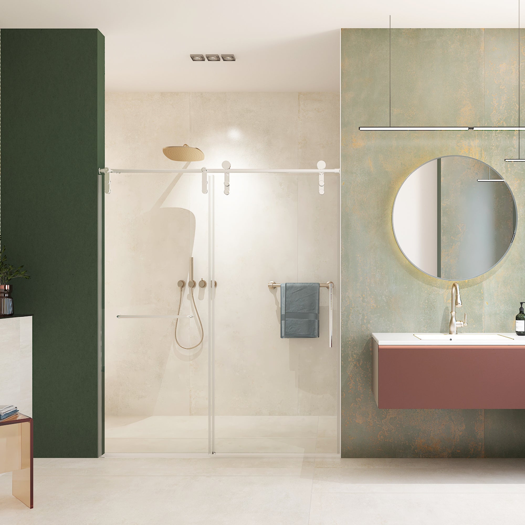 Jade 56"-60" W x 76" H Frameless Single Sliding Shower Door with 5/16"(8mm) Tempered Glass with Towel Bar