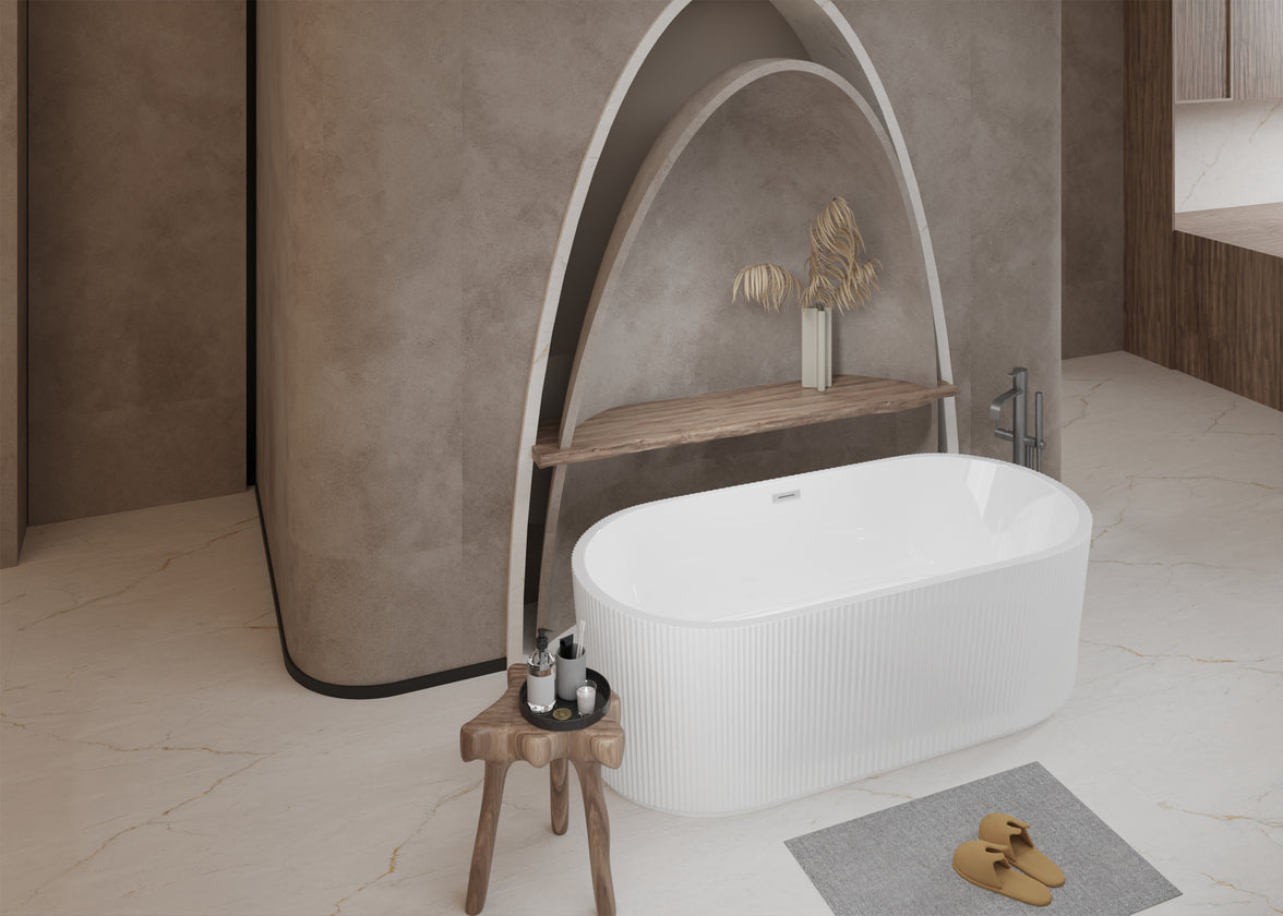 59"Linear AcrylicFreestanding Soaking Bathtub with Pop-Up Drain and Overflow in Gloss White