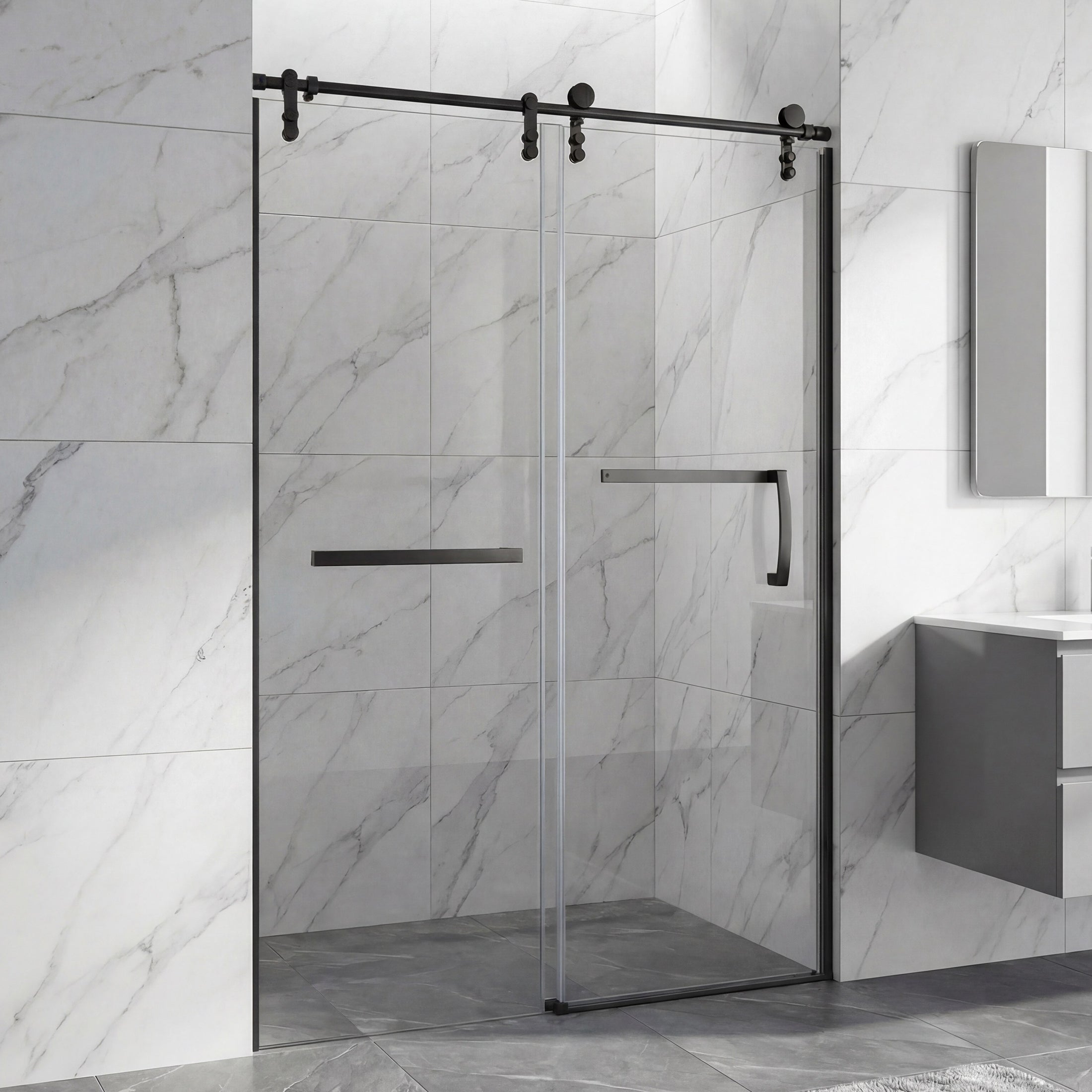Frameless Double Sliding Shower Door with Side Panel & Towel Bar, Stainless Steel