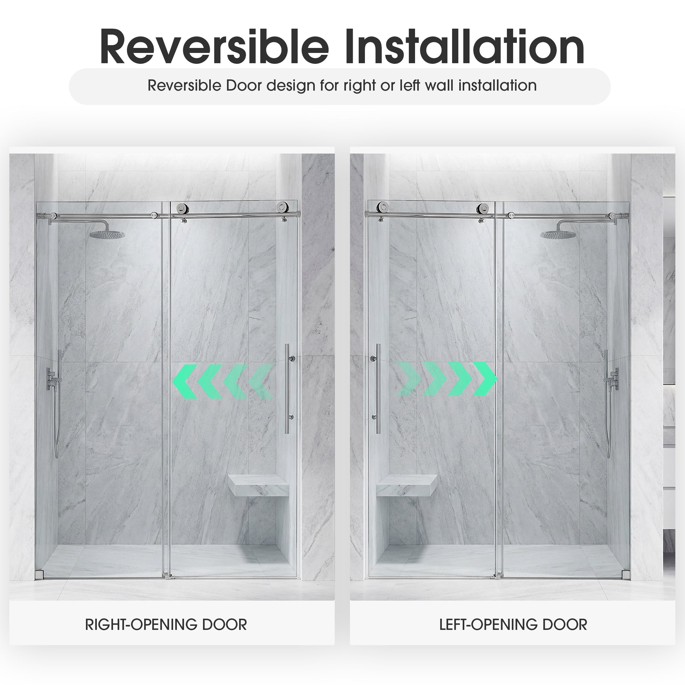 Frameless Double Sliding Shower Door with Side Panel & Single Handle, Stainless Steel