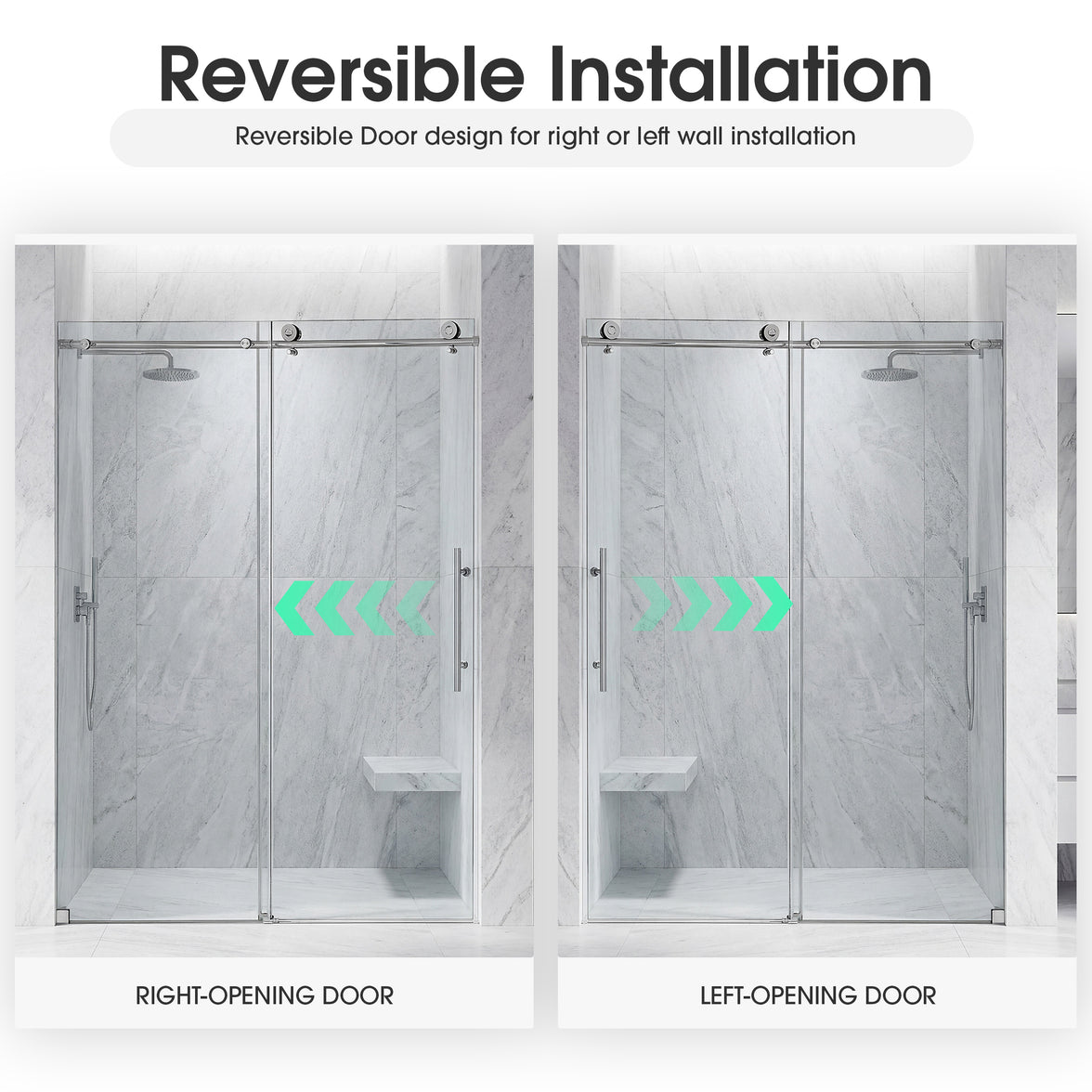 Frameless Double Sliding Shower Door with Side Panel & Single Handle, 76" High x Adjustable 60"-64" Wide  Stainless Steel 8mm