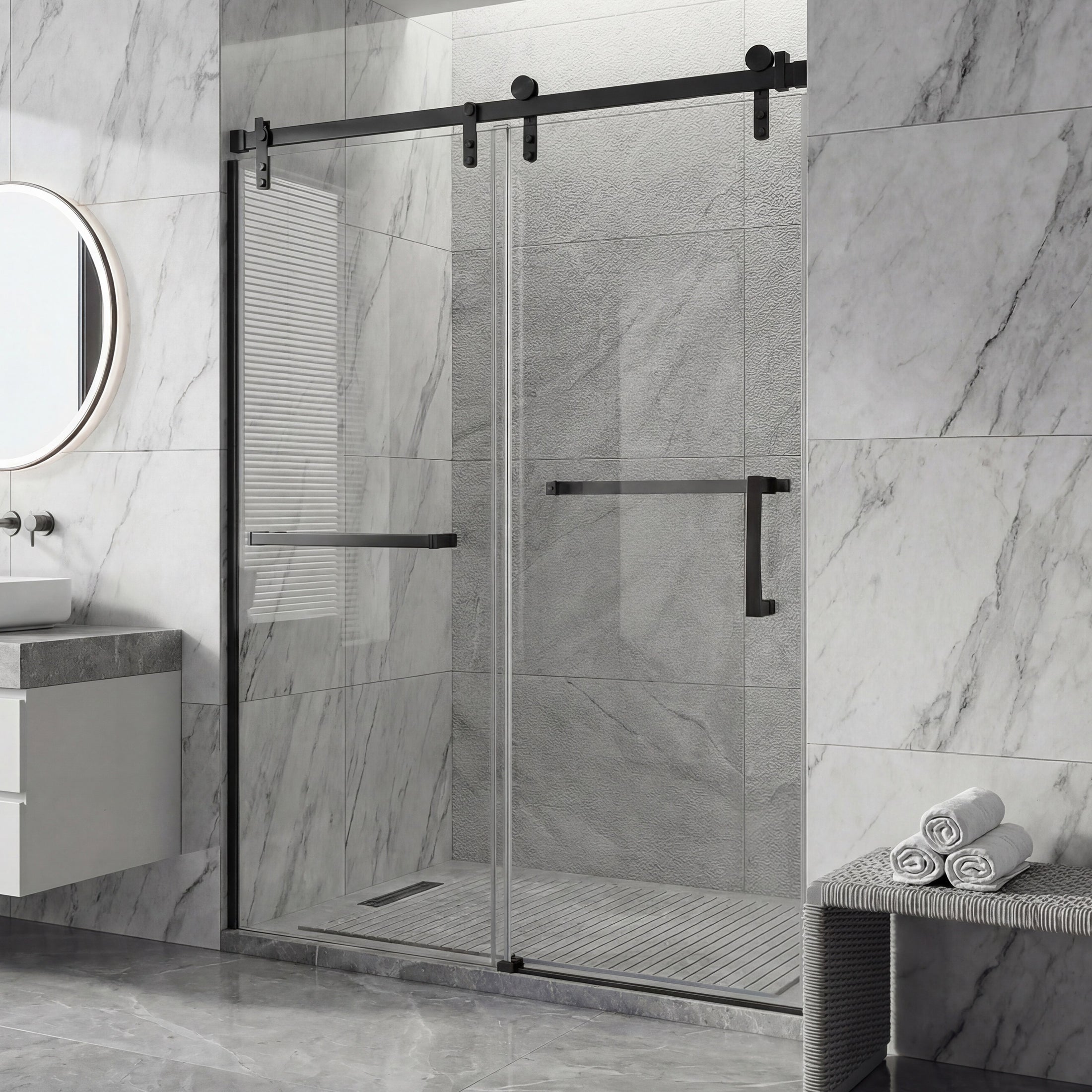 Frameless Double Sliding Shower Door with Towel Bar, Stainless Steel