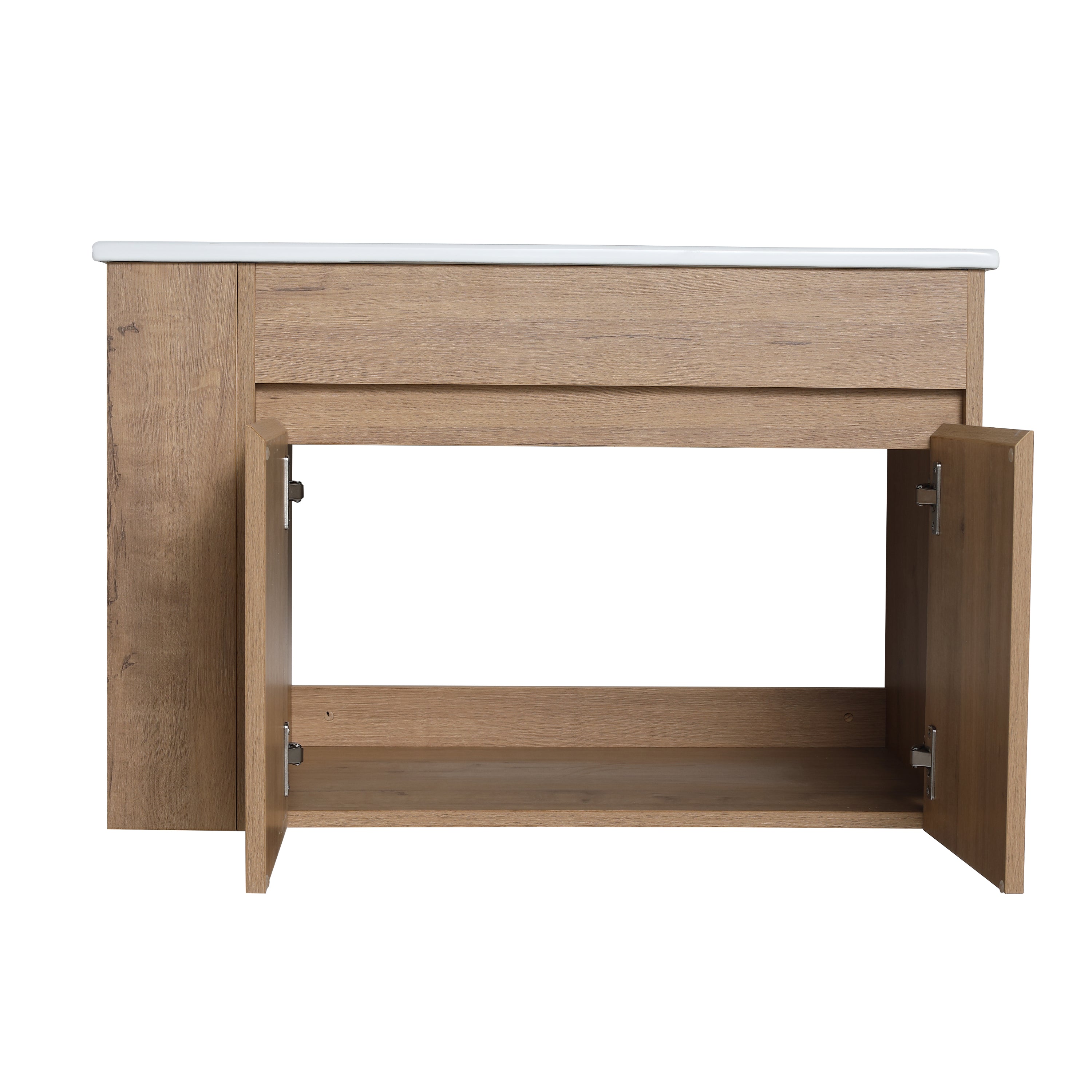 30" Imitative Oak Wall-Mounted Bathroom Vanity With White Ceramic Sink and Adjust Open Shelf