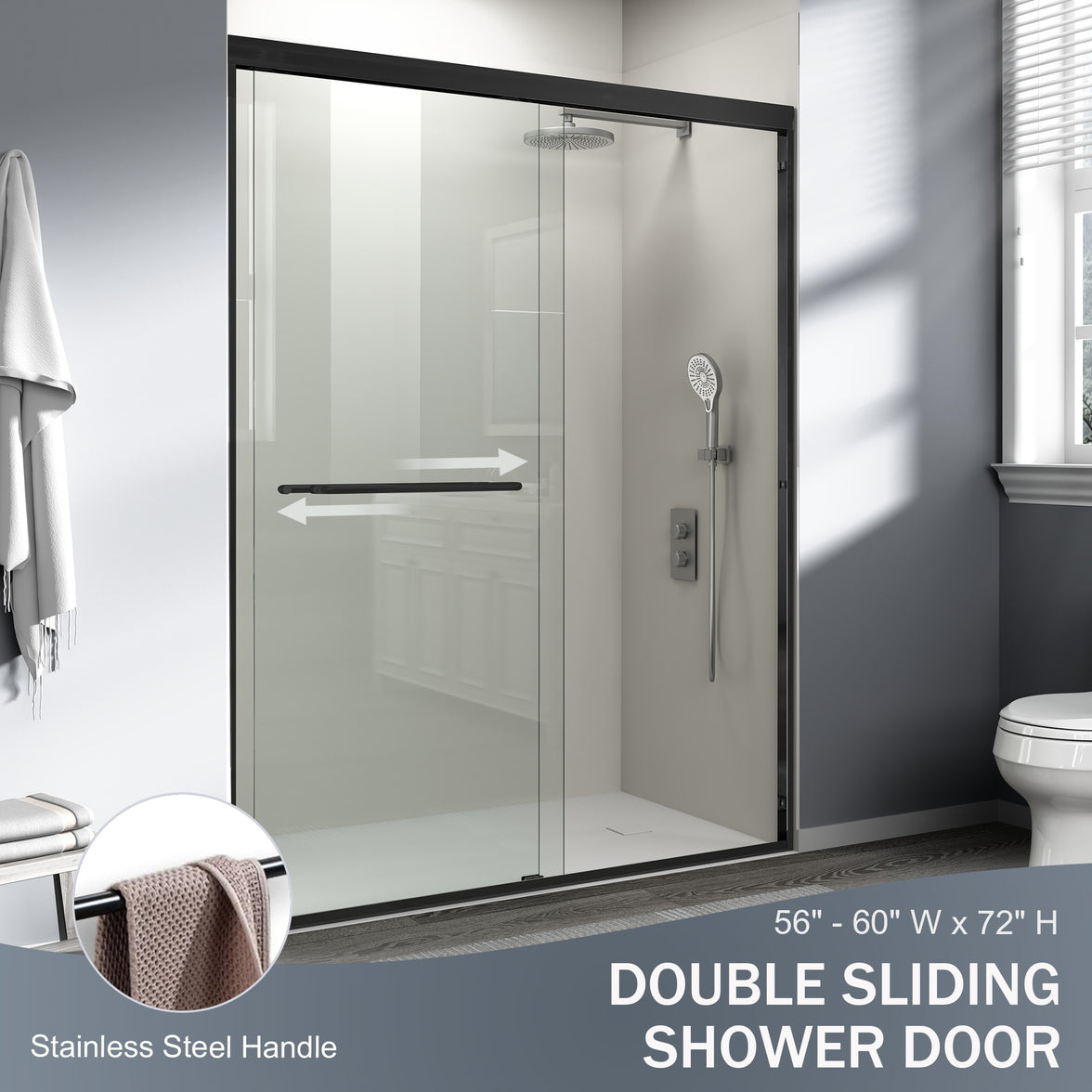 Core 44"-48" or 56"-60" W x 72" H Framed Double Sliding Shower Door with 1/4"(6mm) Tempered Clear Glass
