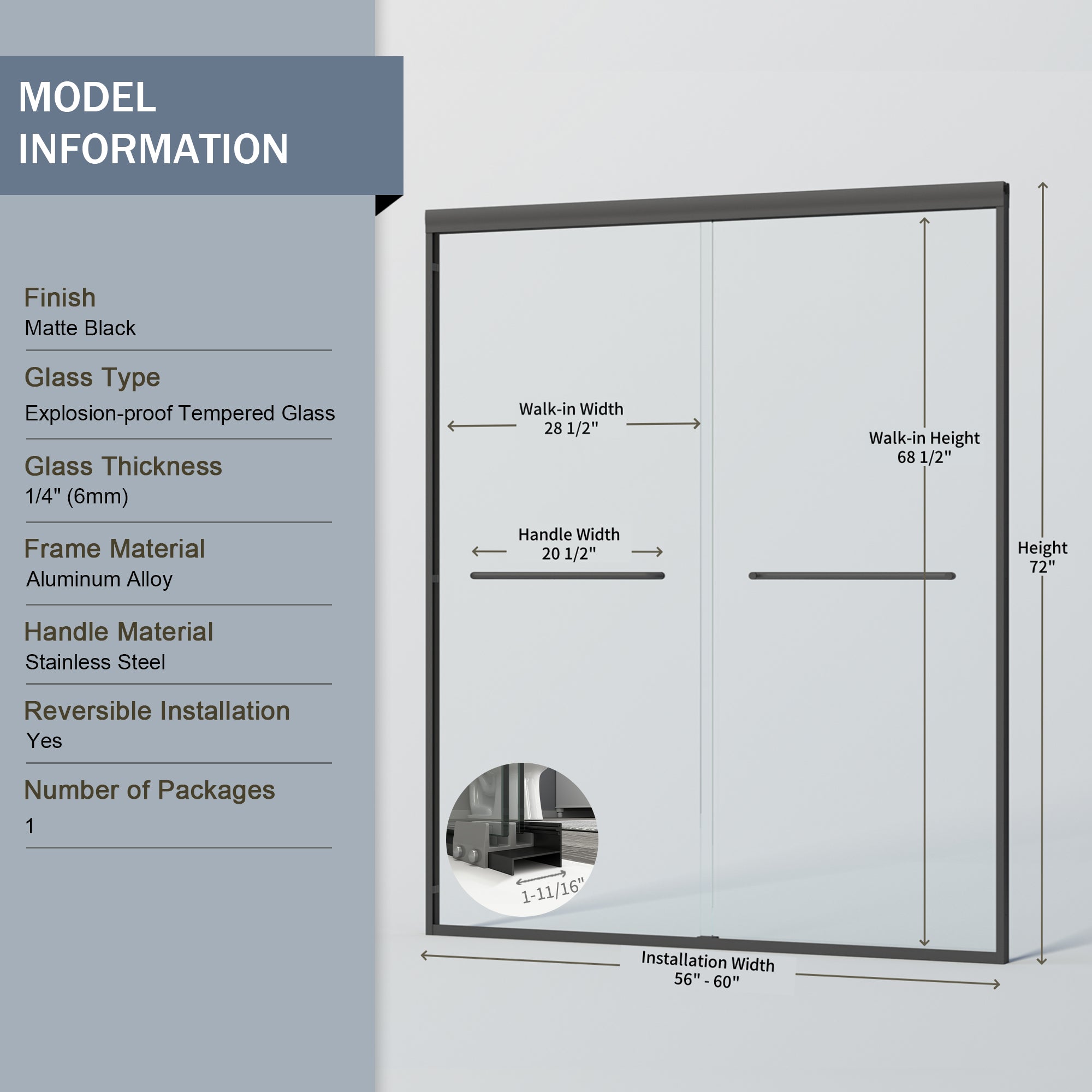 Core 44"-48" or 56"-60" W x 72" H Framed Double Sliding Shower Door with 1/4"(6mm) Tempered Clear Glass