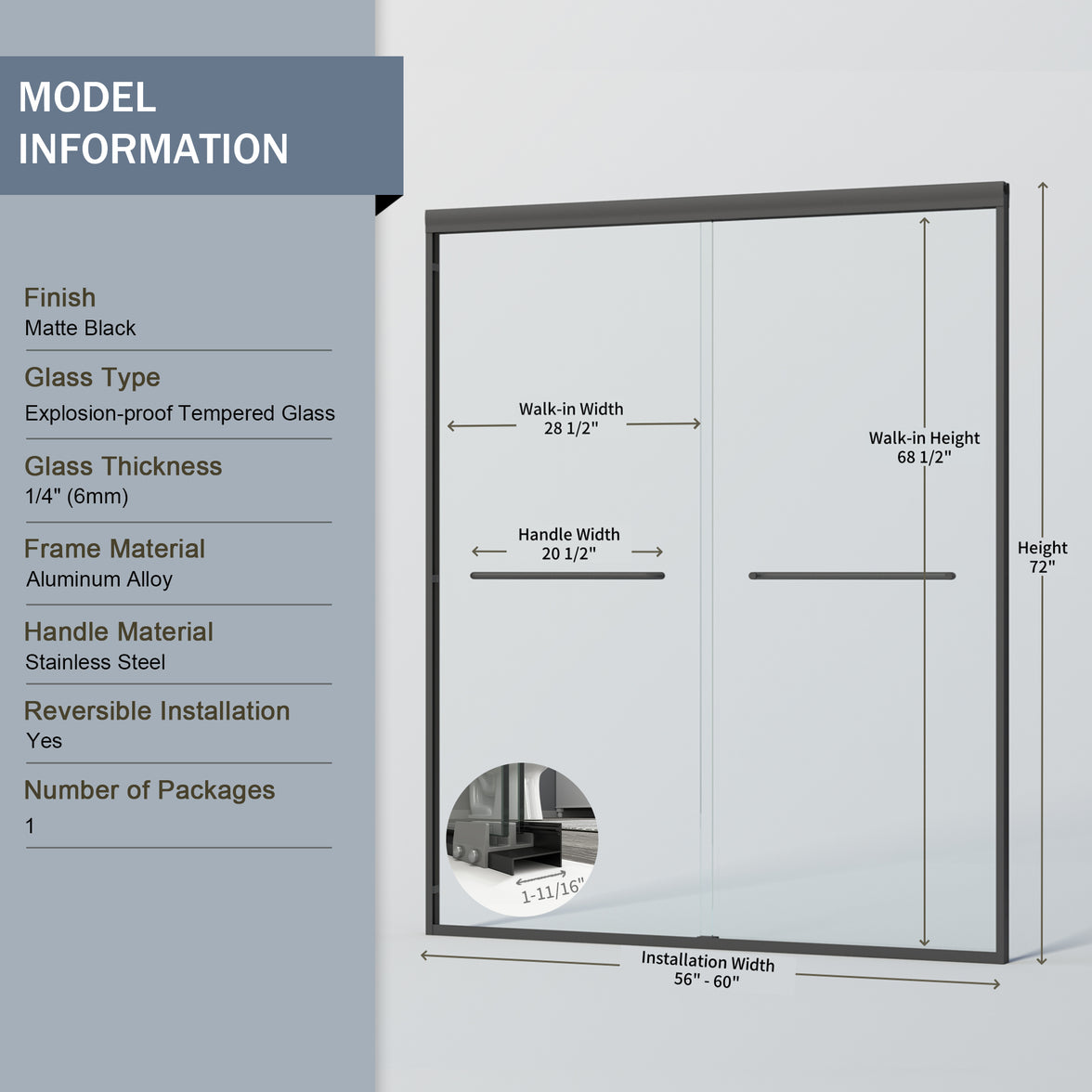 Core 44"-48" or 56"-60" W x 72" H Framed Double Sliding Shower Door with 1/4"(6mm) Tempered Clear Glass