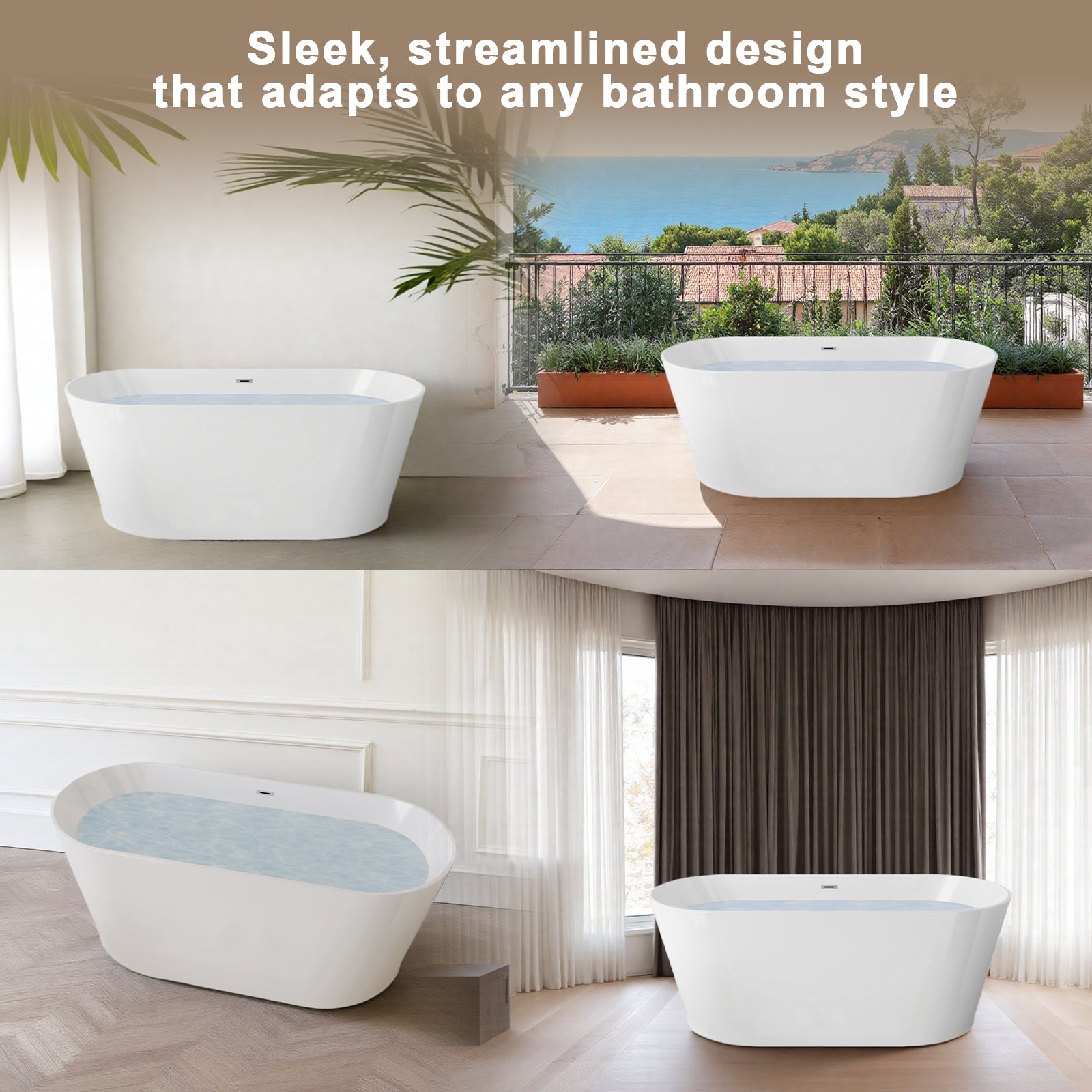 59" Acrylic Freestanding Soaking Bathtub with Center Drain and Overflow in White