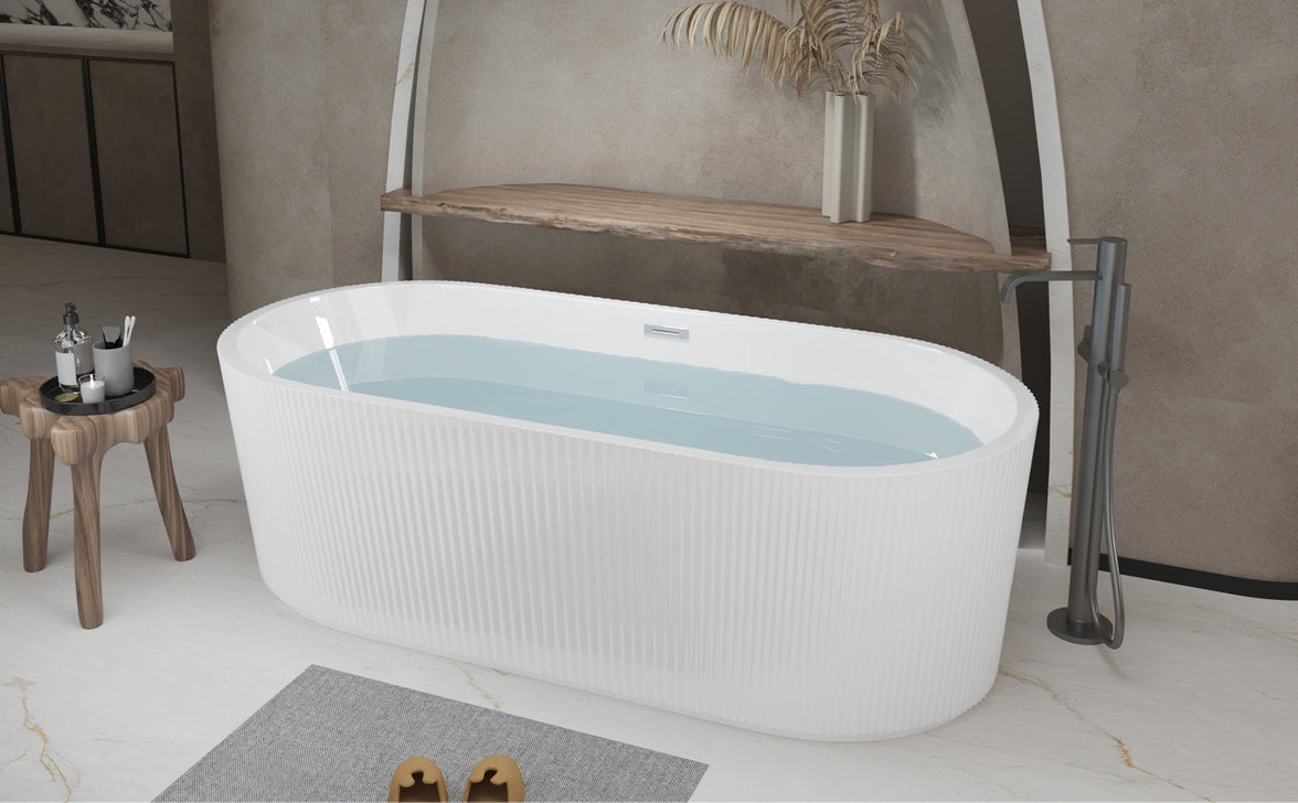 59"Linear AcrylicFreestanding Soaking Bathtub with Pop-Up Drain and Overflow in Gloss White