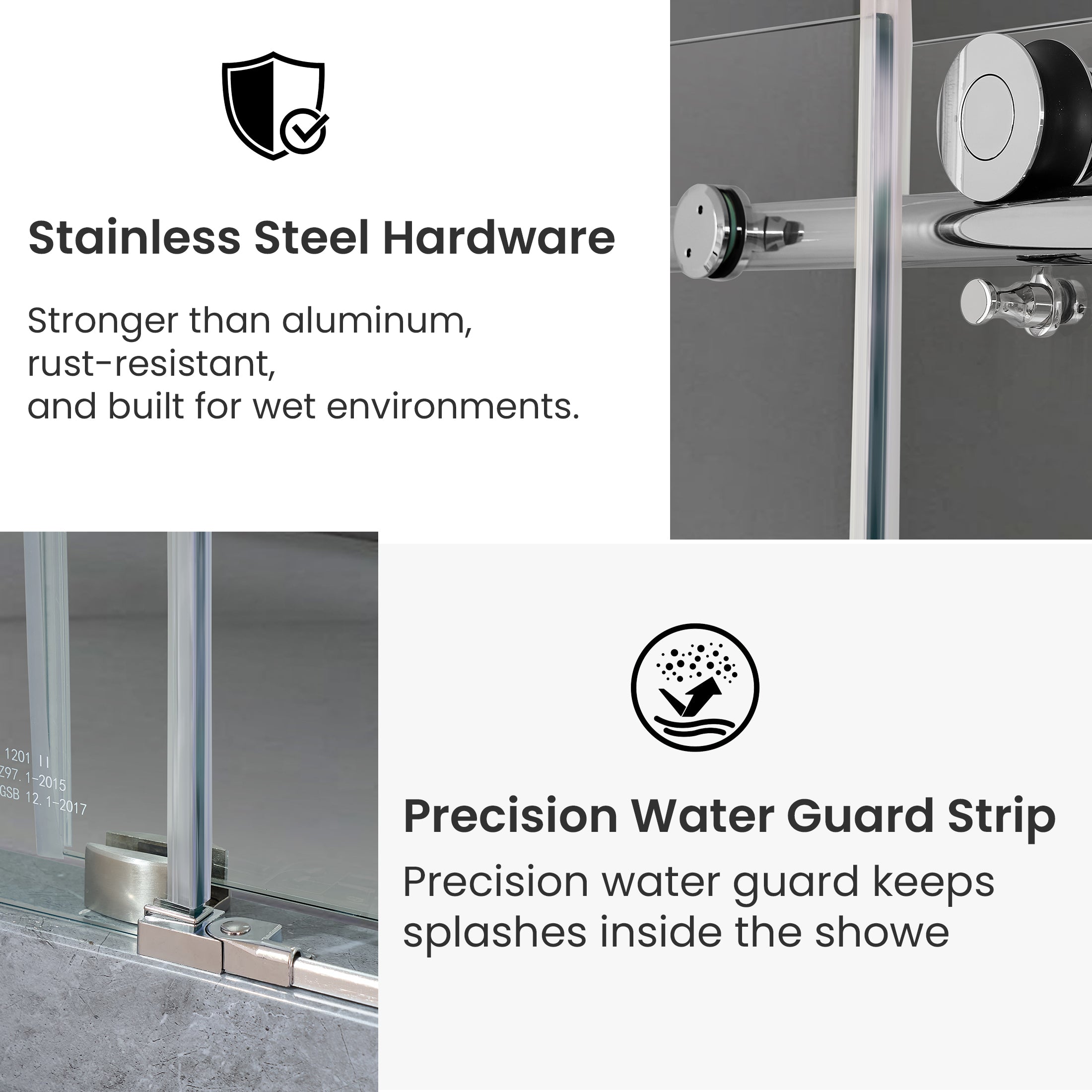 Frameless Double Sliding Shower Door with Side Panel & Single Handle, Stainless Steel