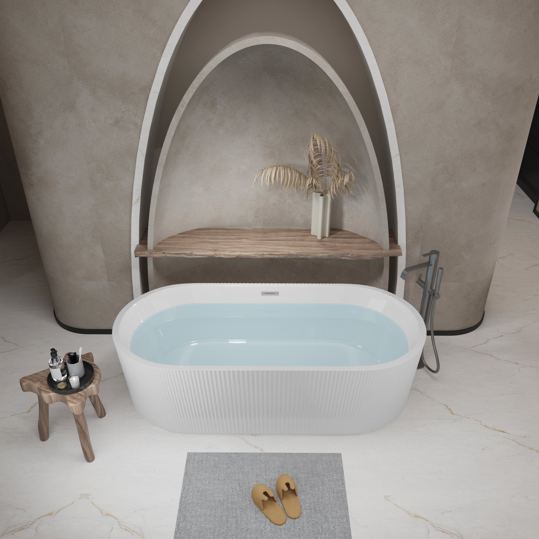 59"Linear AcrylicFreestanding Soaking Bathtub with Pop-Up Drain and Overflow in Gloss White